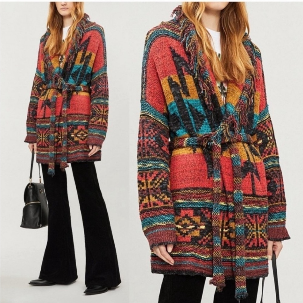 Free People Southwestern Cardigan Duster Jacket Fringe Aztec Size Medium large - Picture 15 of 15